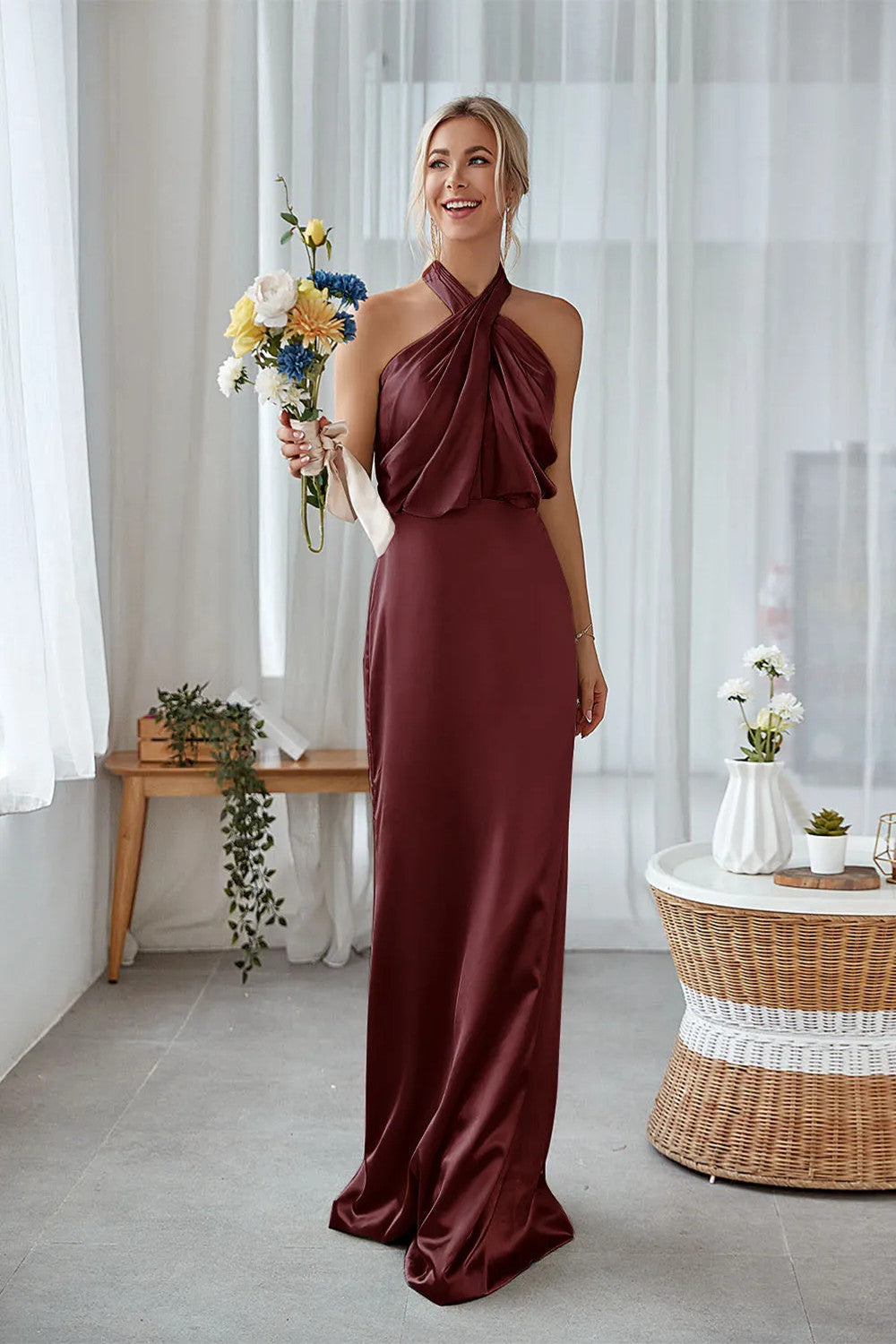ILYNORA women's cabernet satin halter bridesmaid maxi dress