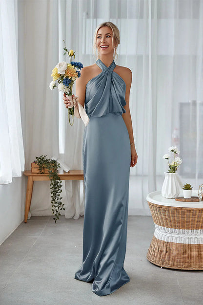 ILYNORA women's dusty blue satin halter bridesmaid maxi dress