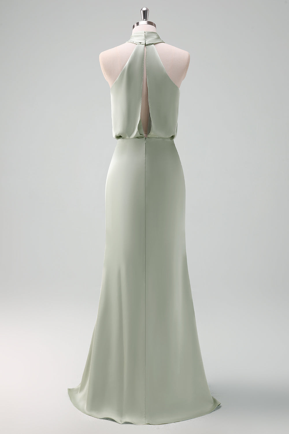 ILYNORA dusty sage satin halter bridesmaid maxi dress back detail