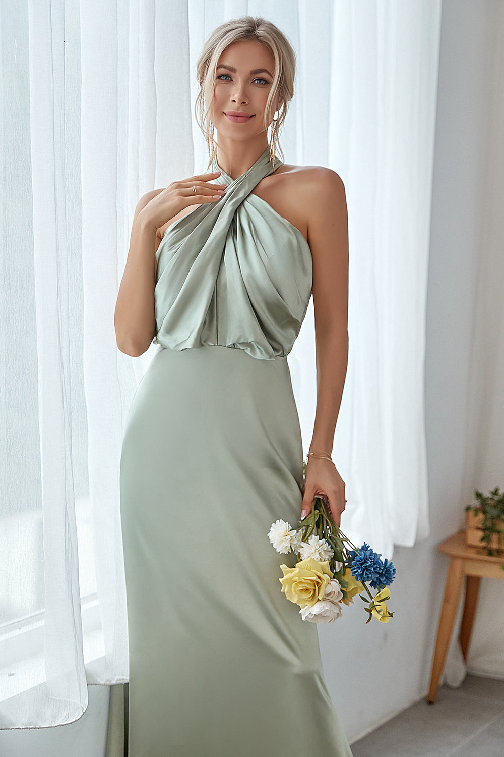 ILYNORA dusty sage satin halter bridesmaid maxi dress front detail