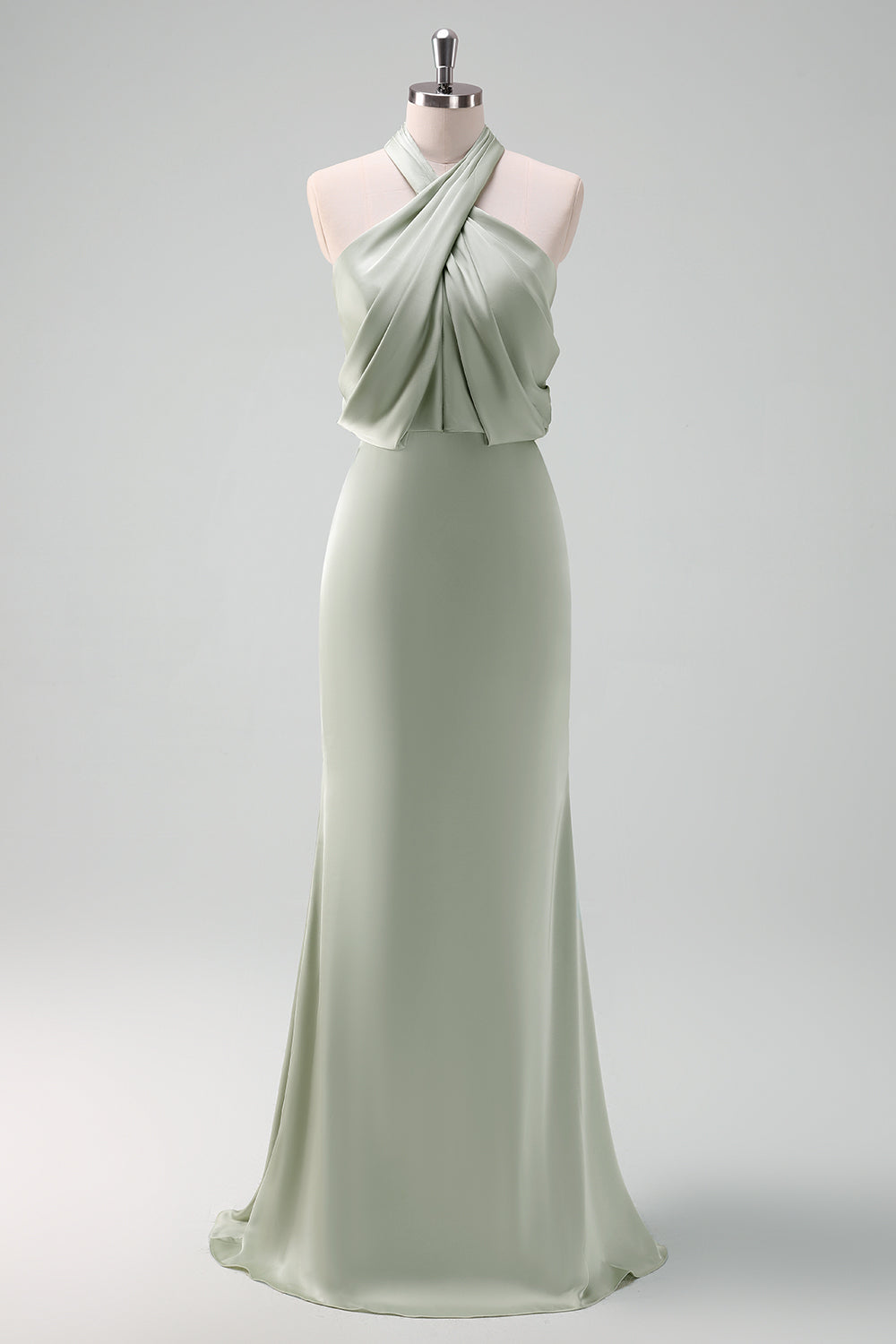 ILYNORA dusty sage satin halter bridesmaid maxi dress displayed on mannequin
