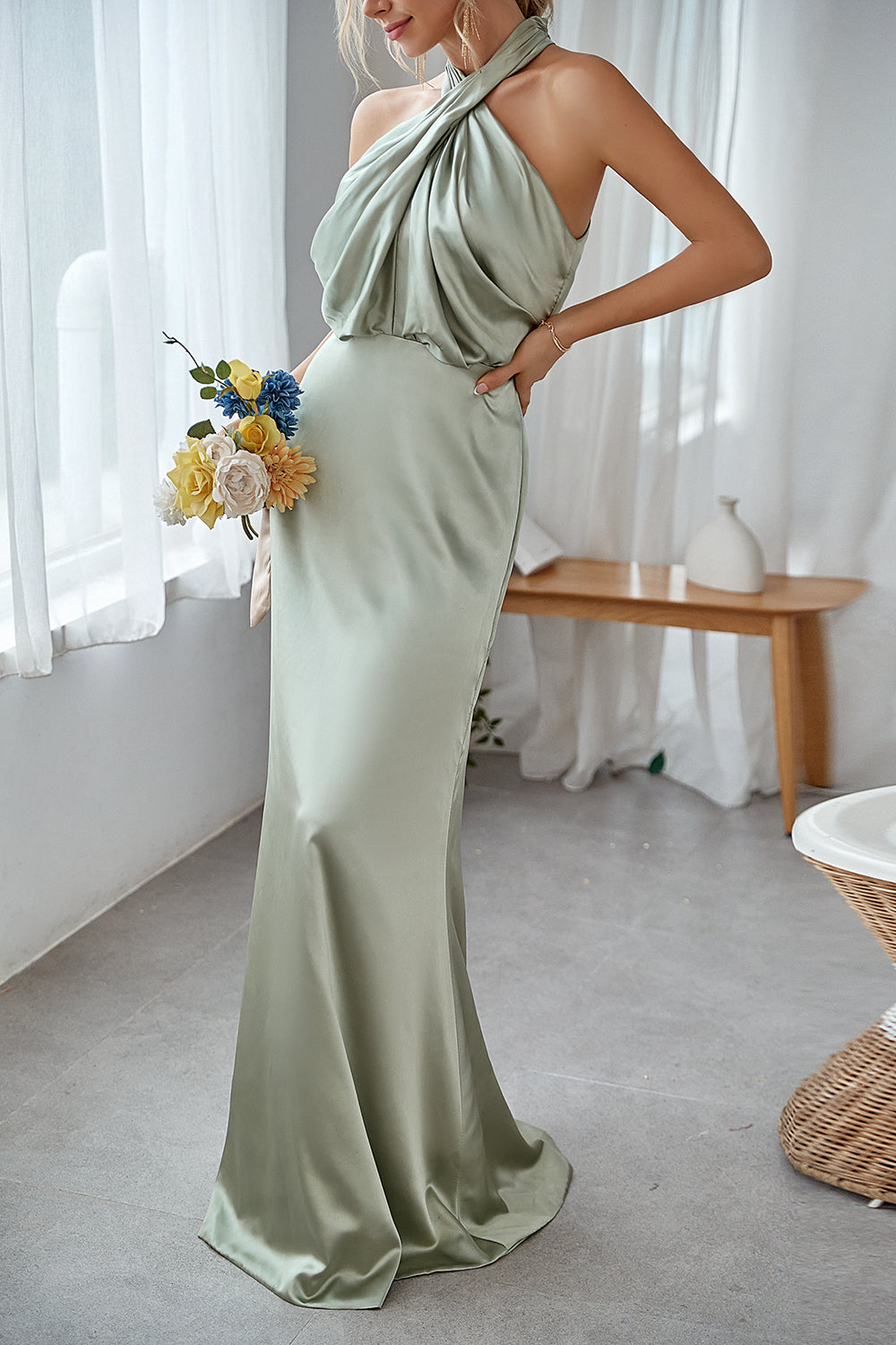 ILYNORA dusty sage satin halter bridesmaid maxi dress side detail