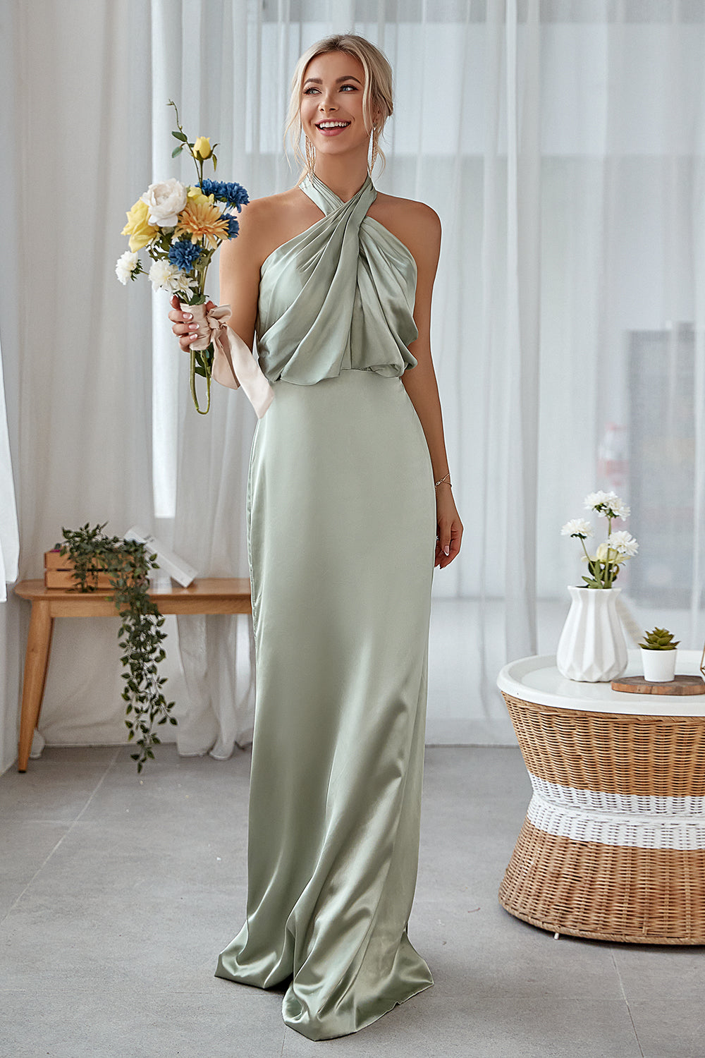 ILYNORA women's dusty sage satin halter bridesmaid maxi dress with elegant pleated neckline