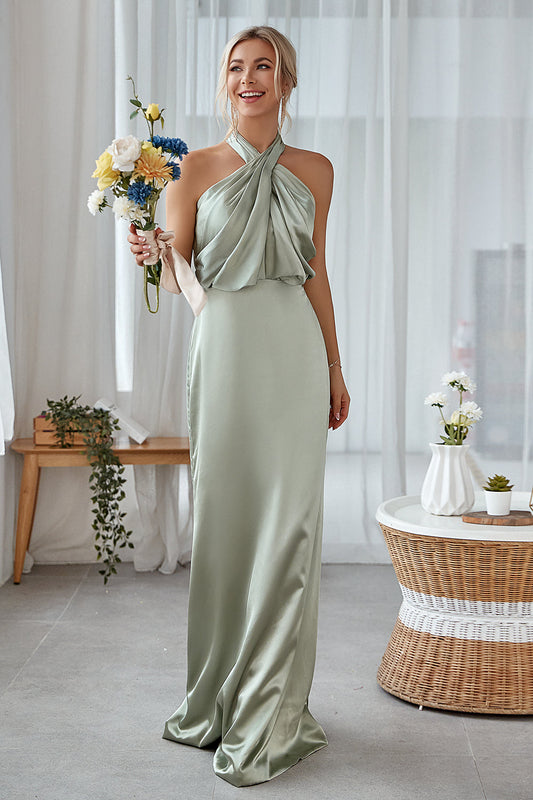 ILYNORA women's dusty sage satin halter bridesmaid maxi dress with elegant pleated neckline