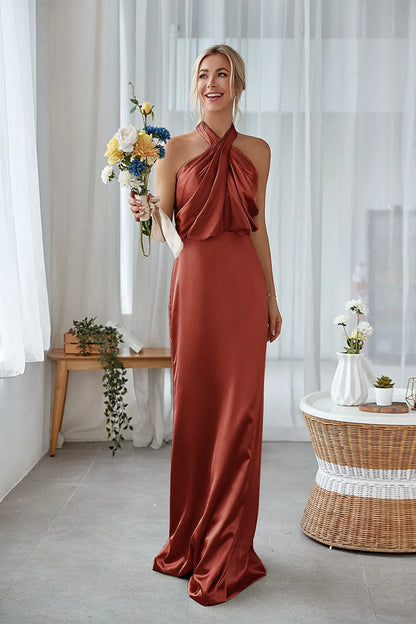 ILYNORA women's terracotta satin halter bridesmaid maxi dress