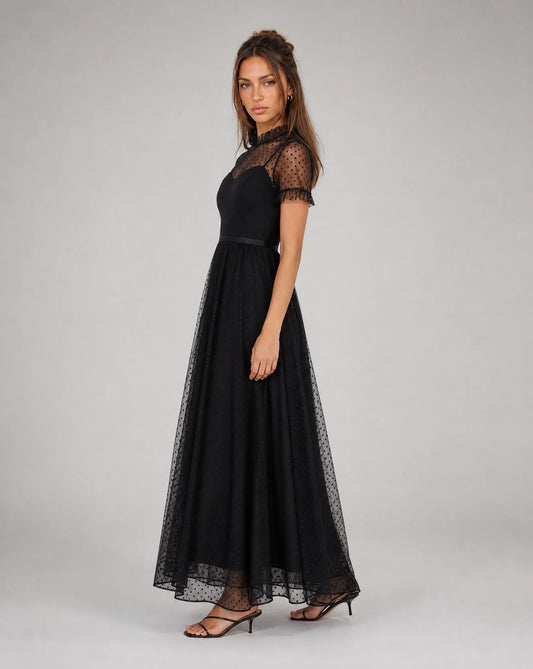 Women's High Neck Tulle Midi Evening Dress