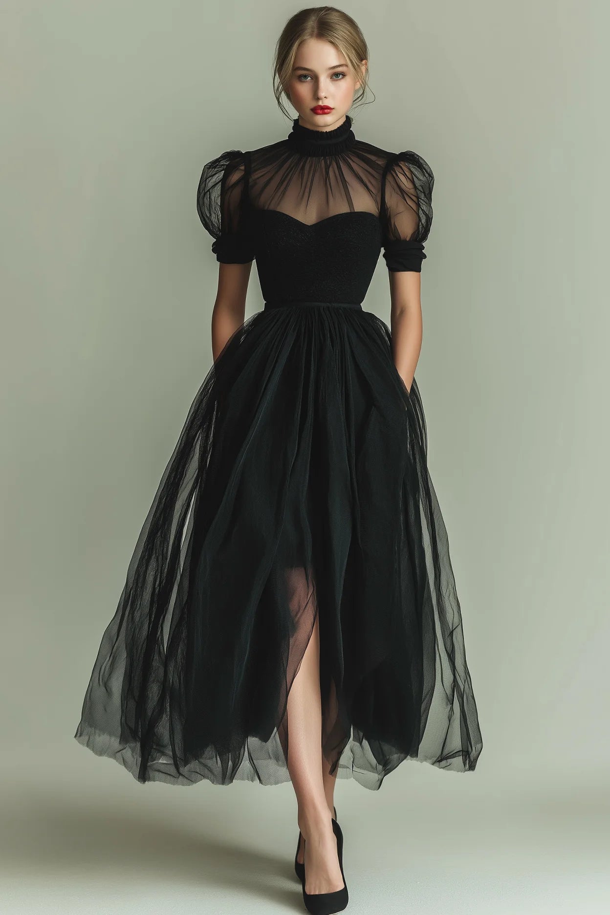 ILYNORA black high neck tulle midi evening dress, model wearing gown from the front