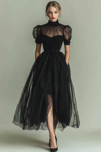 ILYNORA black high neck tulle midi evening dress, model wearing gown from the front