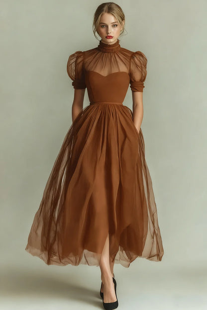 ILYNORA brown high neck tulle midi evening dress with puff sleeves and tulle skirt