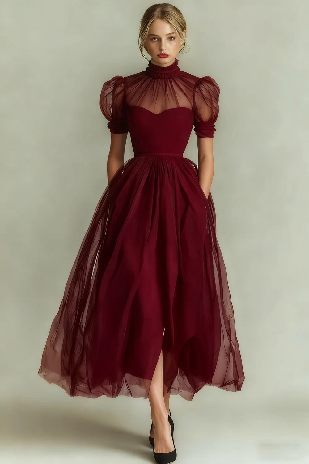 ILYNORA cabernet high neck tulle midi evening dress with puff sleeves and full skirt