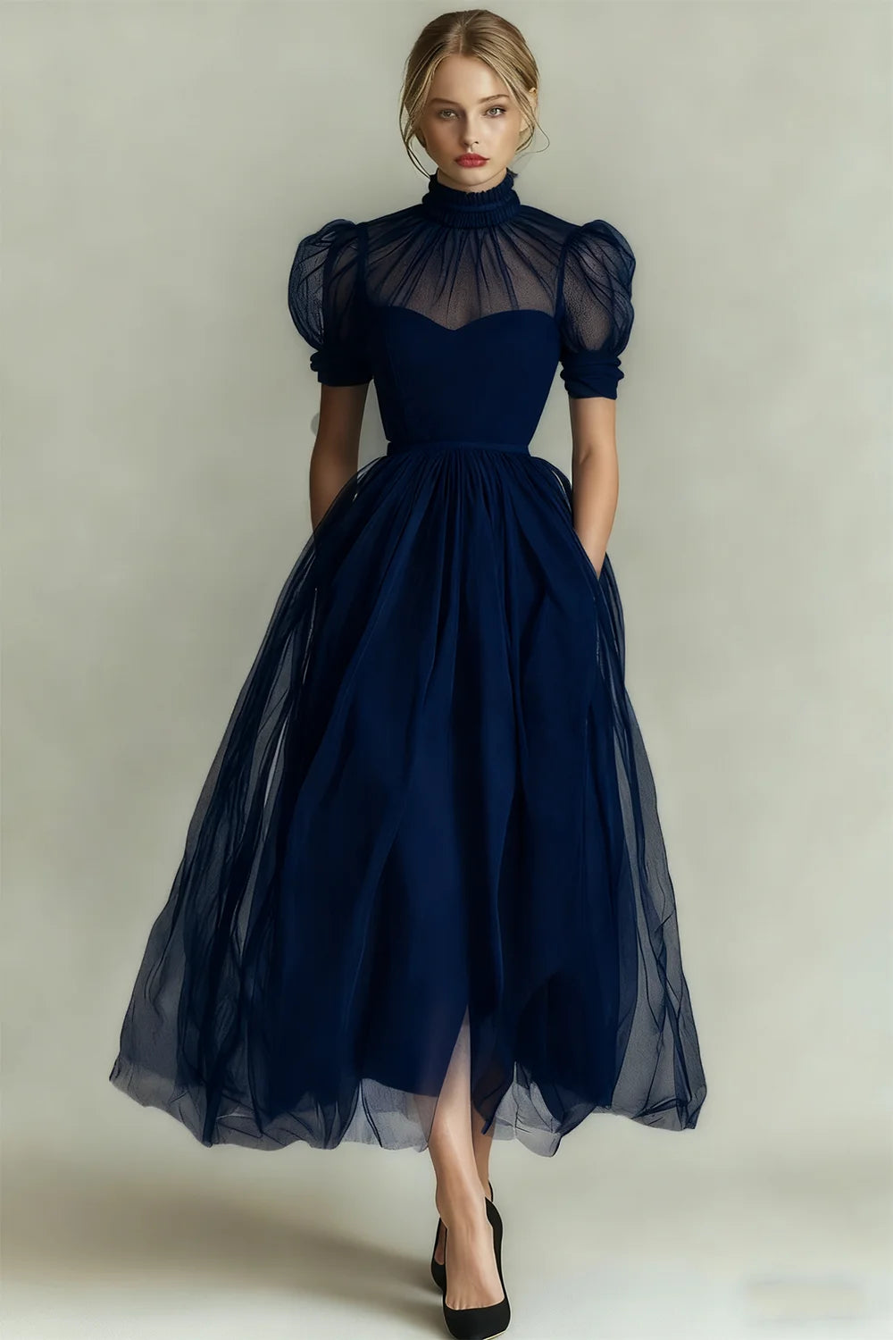 ILYNORA dark blue high neck tulle midi evening dress, elegant gothic-inspired style