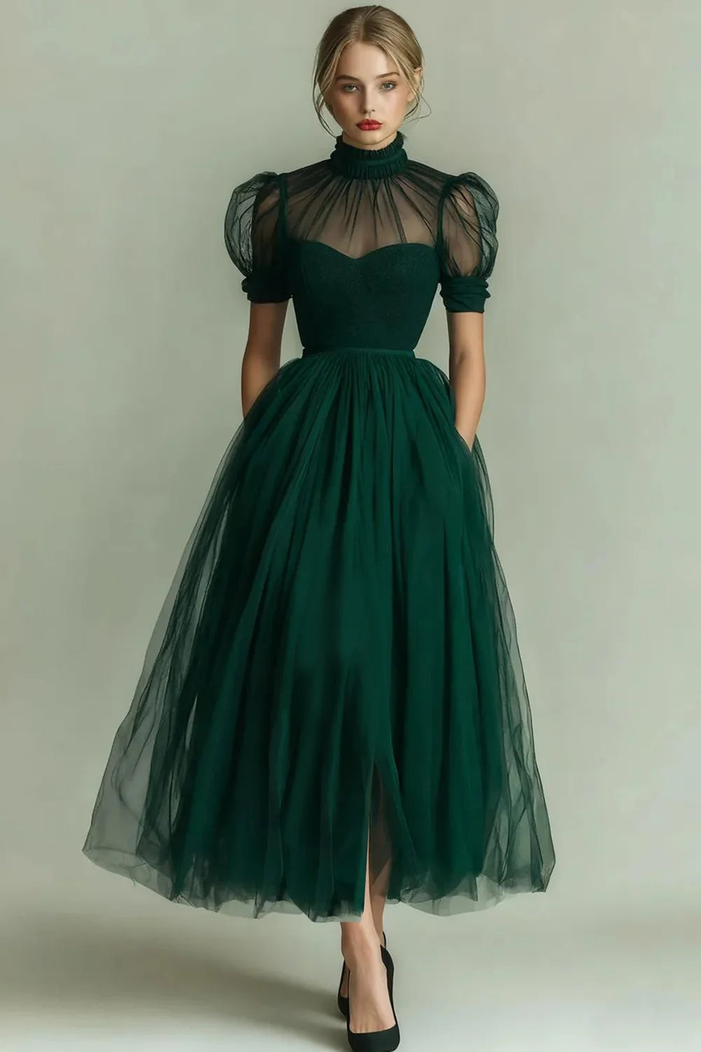 ILYNORA dark green high neck tulle midi evening dress with illusion neckline detail