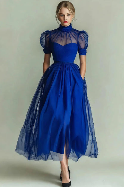 ILYNORA royal blue high neck tulle midi evening dress, flowing A-line silhouette