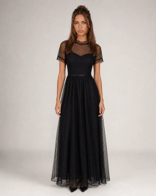 Women's High Neck Tulle Midi Evening Dress