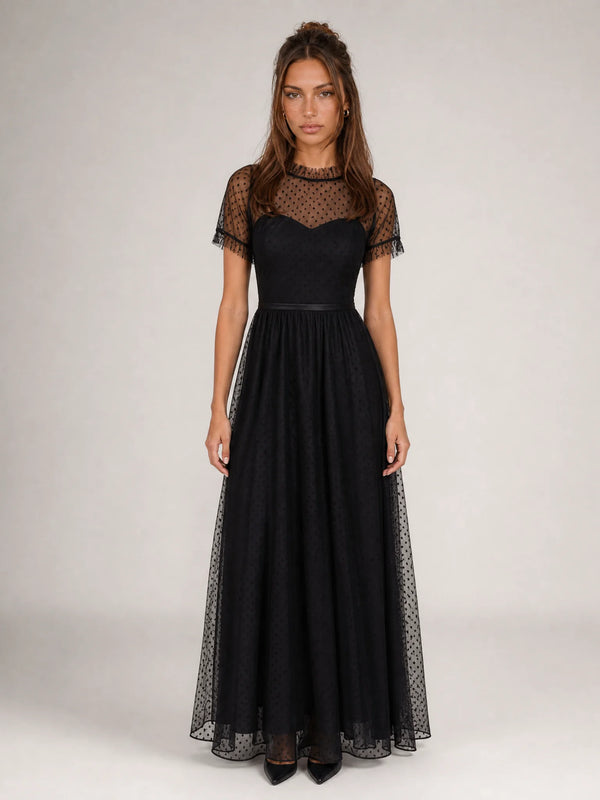 Women's High Neck Tulle Midi Evening Dress