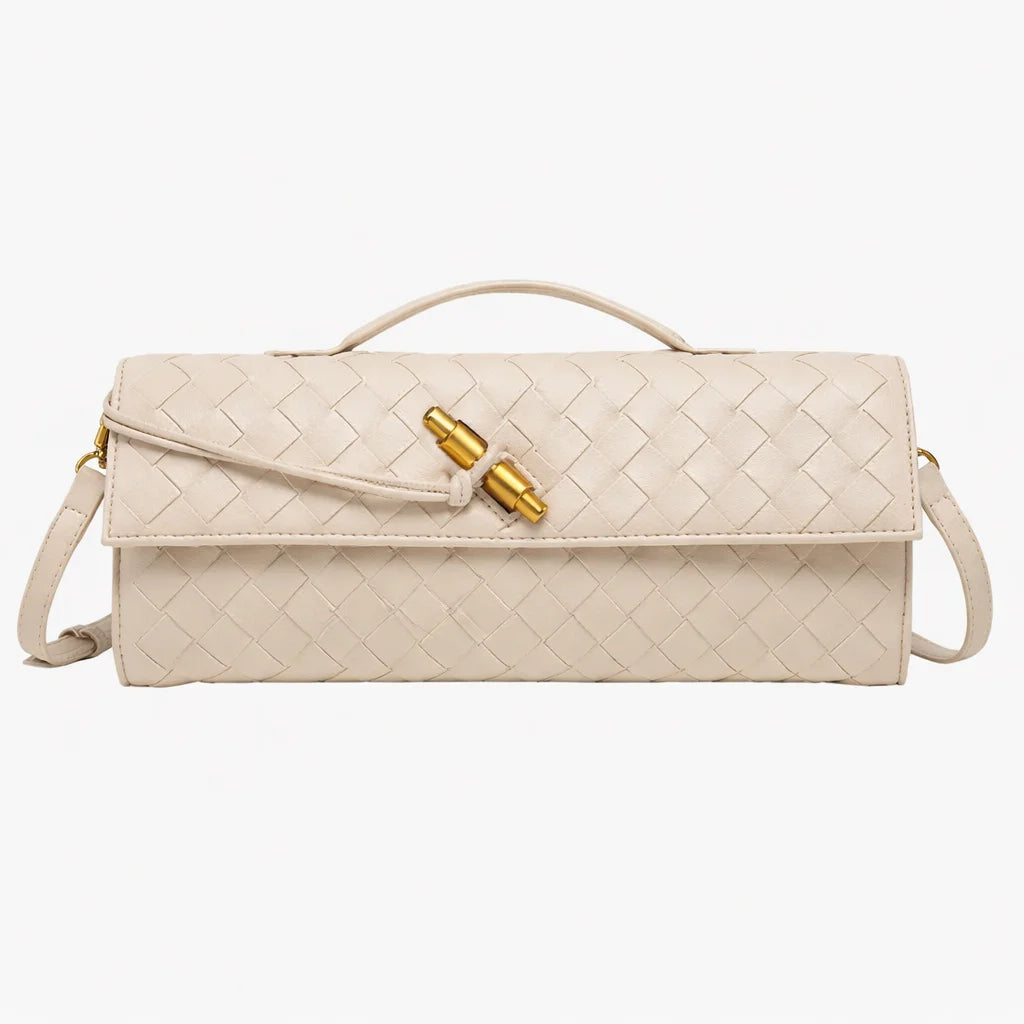 ILYNORA ivory woven faux leather clutch bag with structured design, top handle and elegant gold-tone clasp