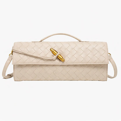 ILYNORA ivory woven faux leather clutch bag with structured design, top handle and elegant gold-tone clasp