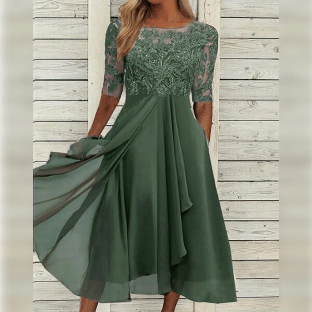 Women's Lace Trim Chiffon Evening Midi Dress