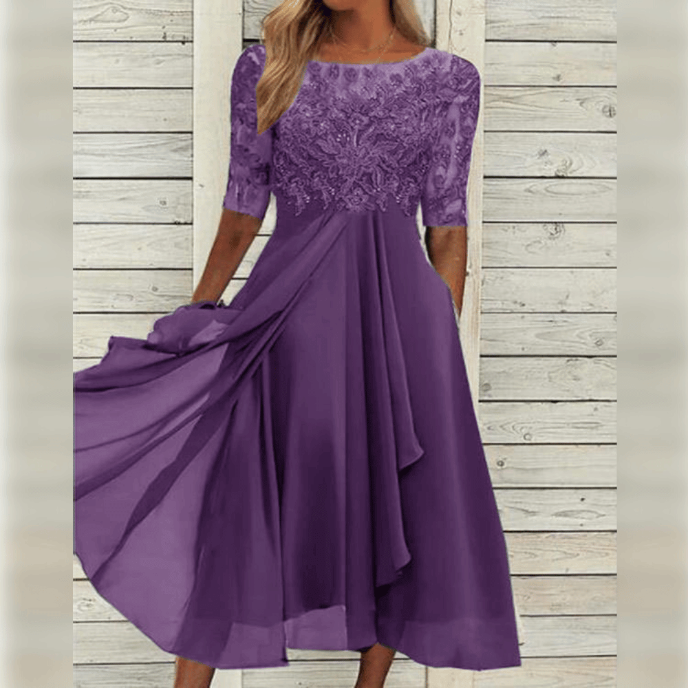 Women's Lace Trim Chiffon Evening Midi Dress