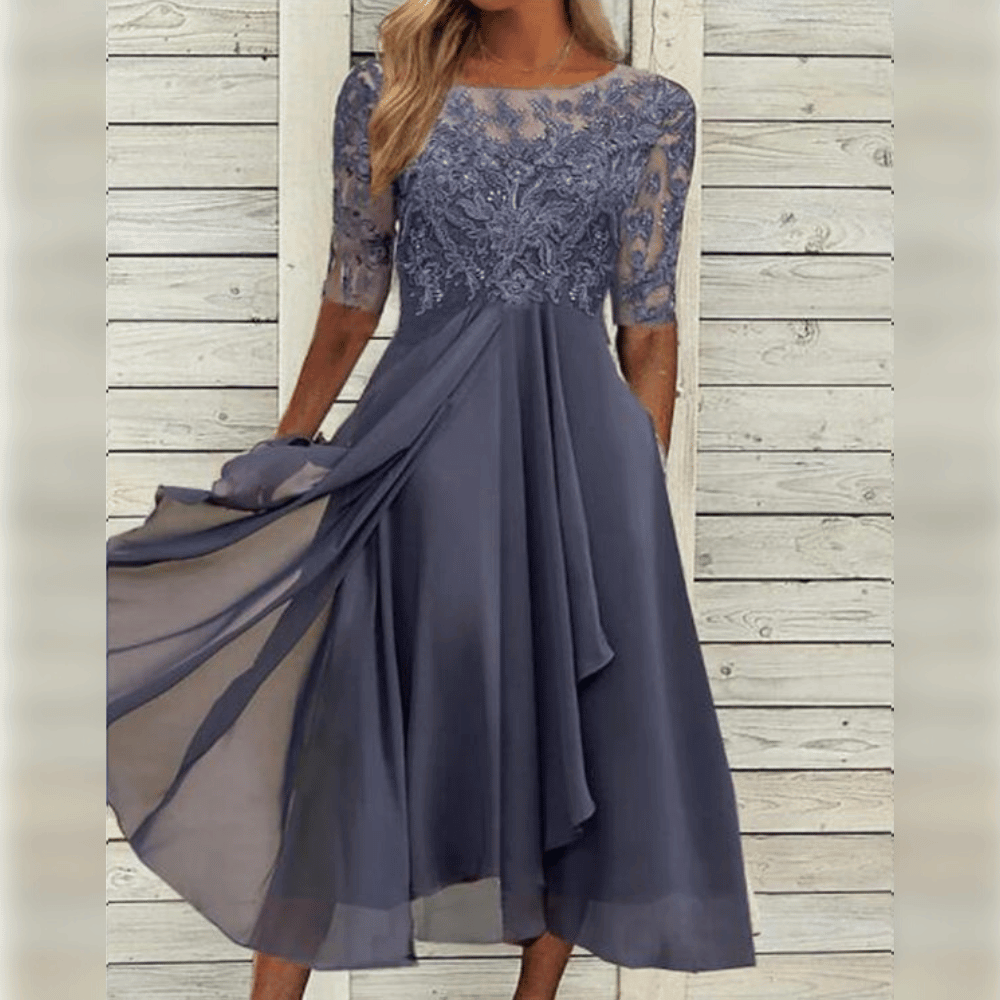 Women's Lace Trim Chiffon Evening Midi Dress