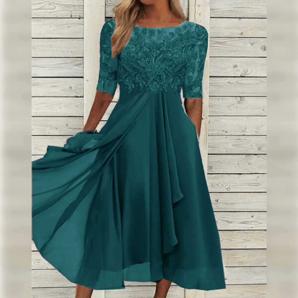 Women's Lace Trim Chiffon Evening Midi Dress