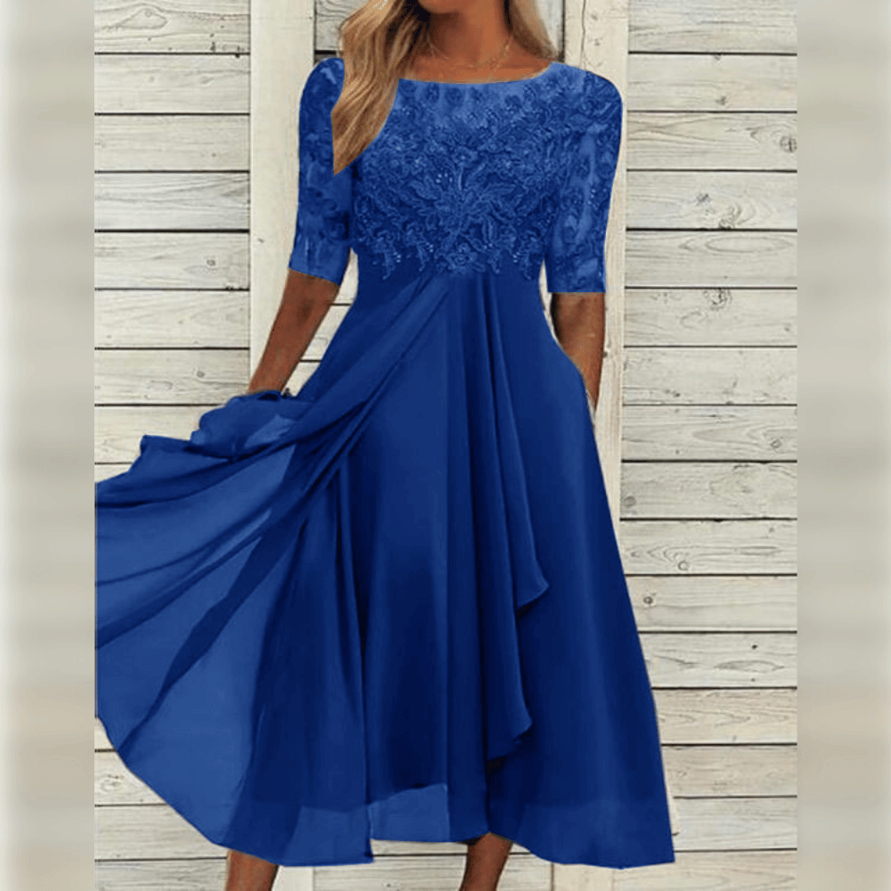 Women's Lace Trim Chiffon Evening Midi Dress