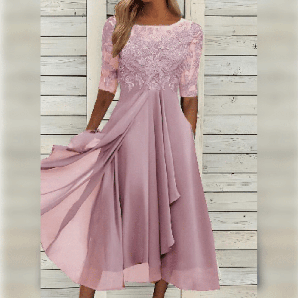 Women's Lace Trim Chiffon Evening Midi Dress