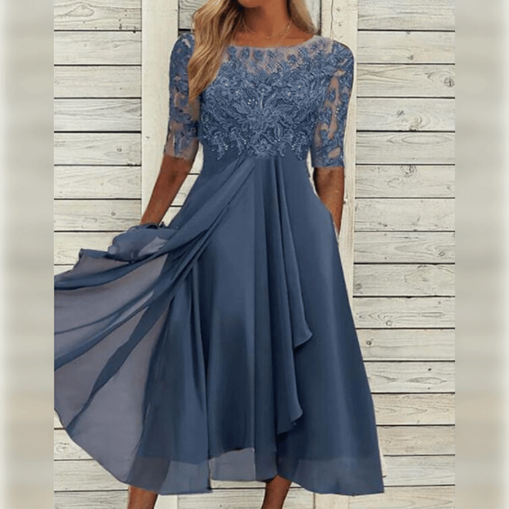 Women's Lace Trim Chiffon Evening Midi Dress