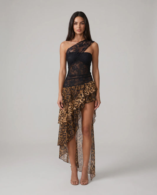 Women's Leopard Print One Shoulder Maxi Dress