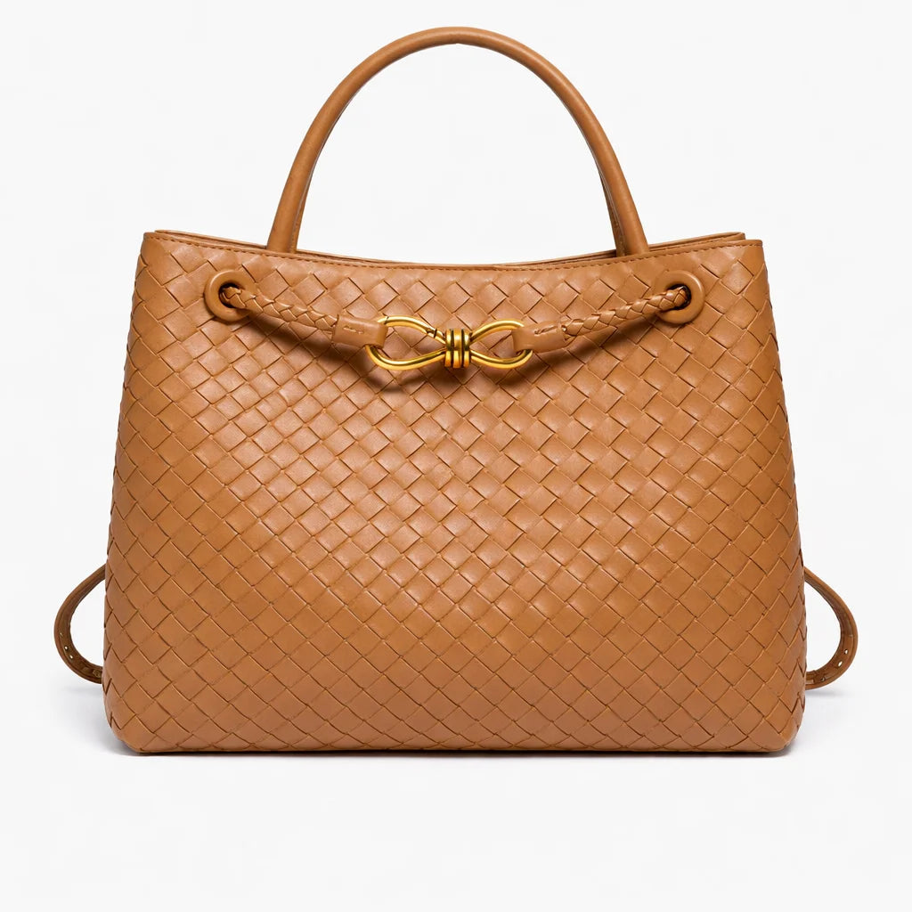 ILYNORA light brown woven faux leather tote bag with structured handles and elegant gold-tone hardware