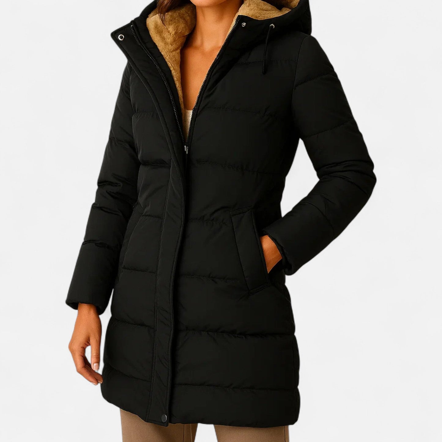 Women’s Long Hooded Puffer Coat with Fleece Lining