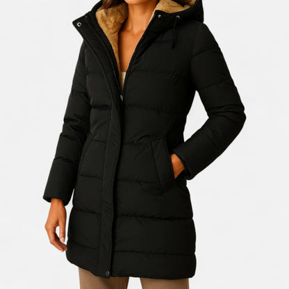 Women’s Long Hooded Puffer Coat with Fleece Lining