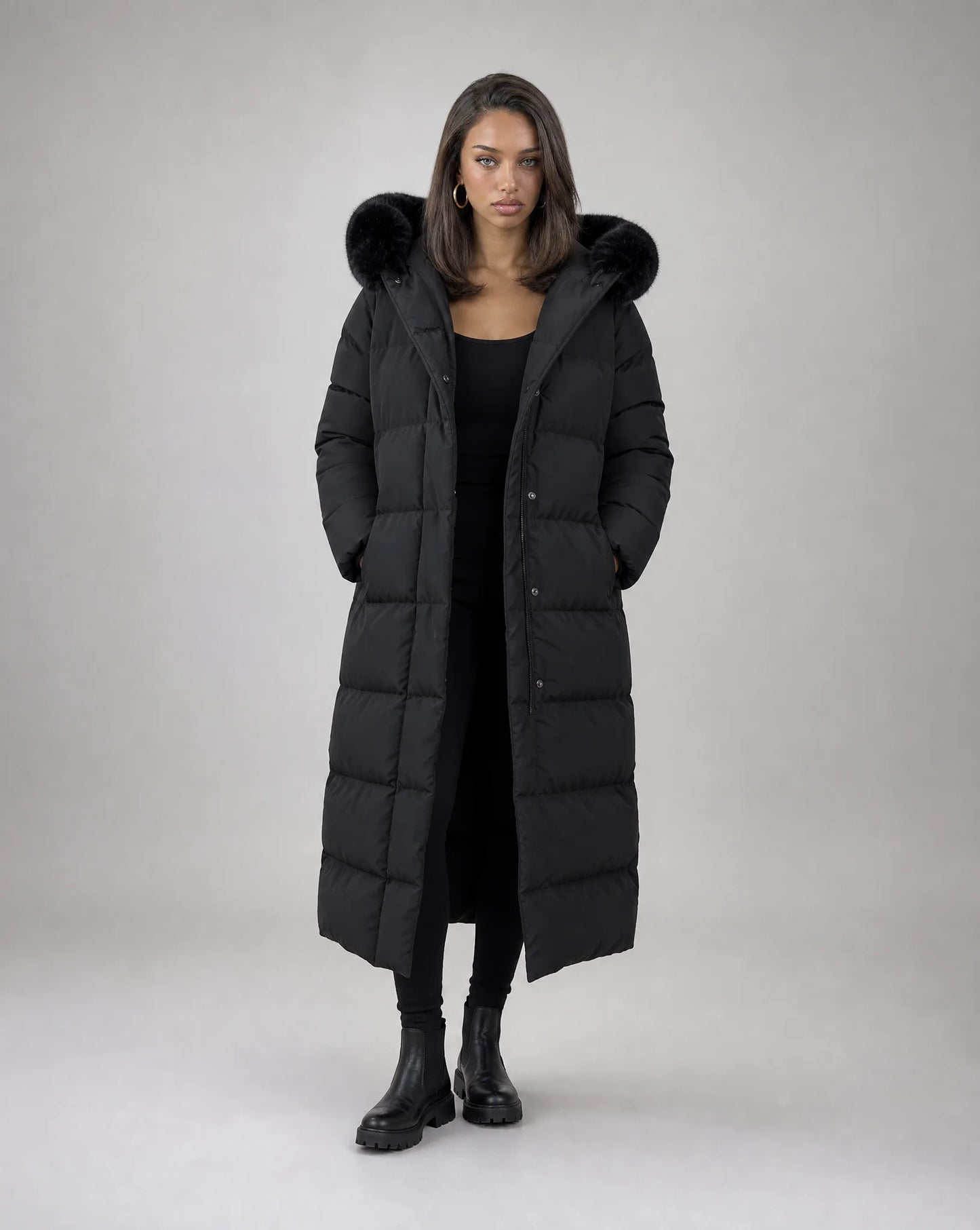 Women’s Long Puffer Coat with Faux Fur Hood