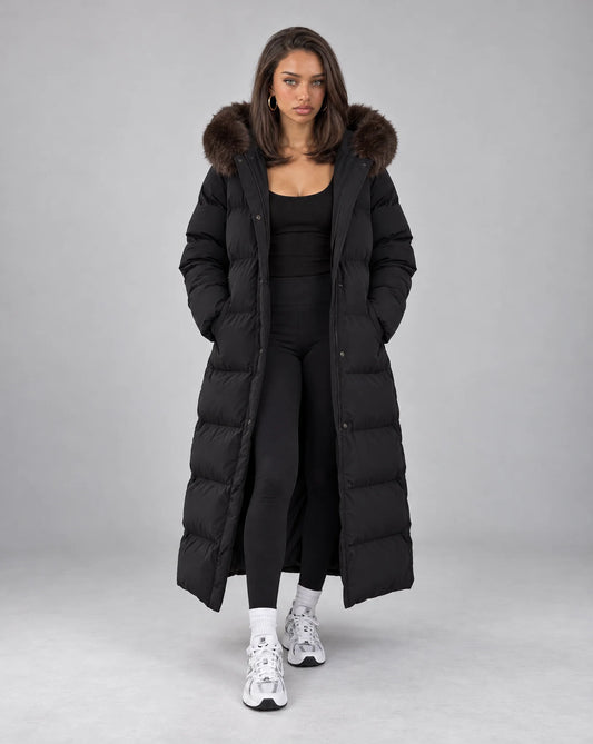 Women’s Long Puffer Coat with Faux Fur Hood