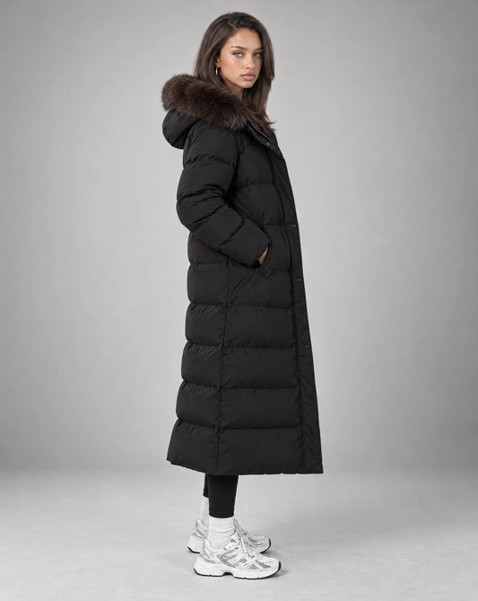 Women’s Long Puffer Coat with Faux Fur Hood