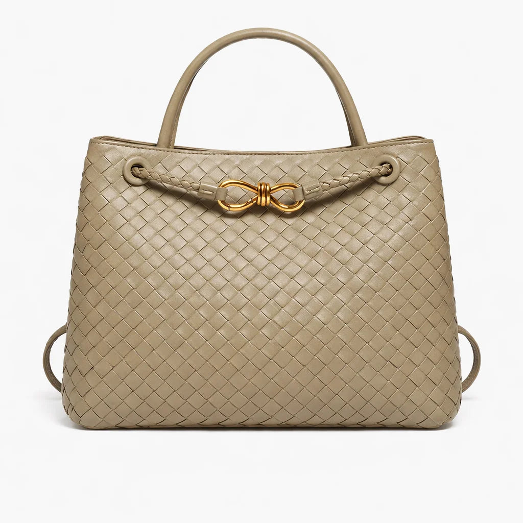ILYNORA olive green woven faux leather tote bag with structured handles and elegant gold-tone hardware