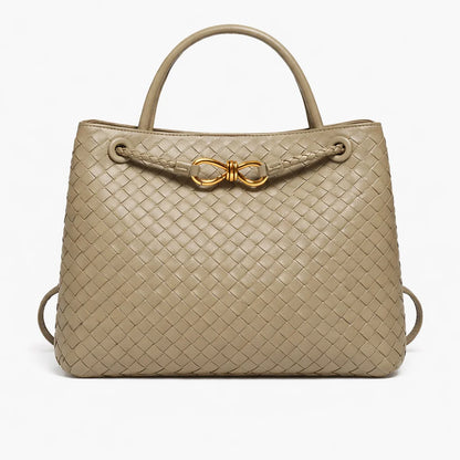 ILYNORA olive green woven faux leather tote bag with structured handles and elegant gold-tone hardware