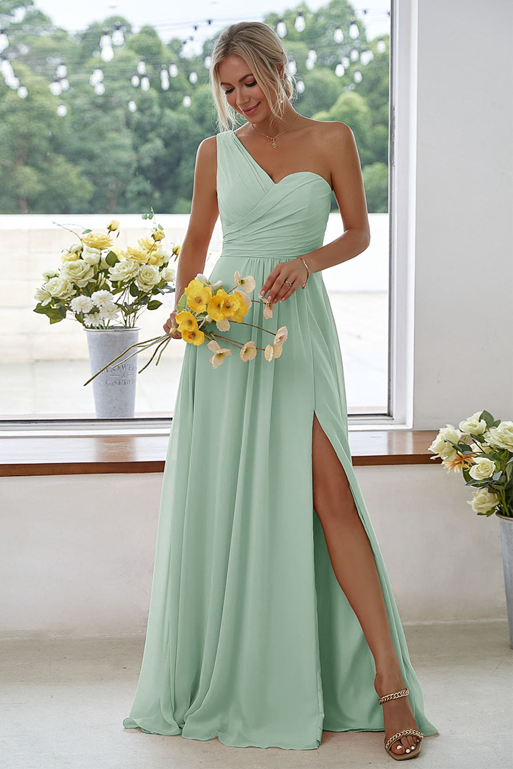ILYNORA women's agave one-shoulder chiffon maxi dress with side slit