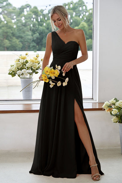ILYNORA women's black one-shoulder chiffon maxi dress with side slit