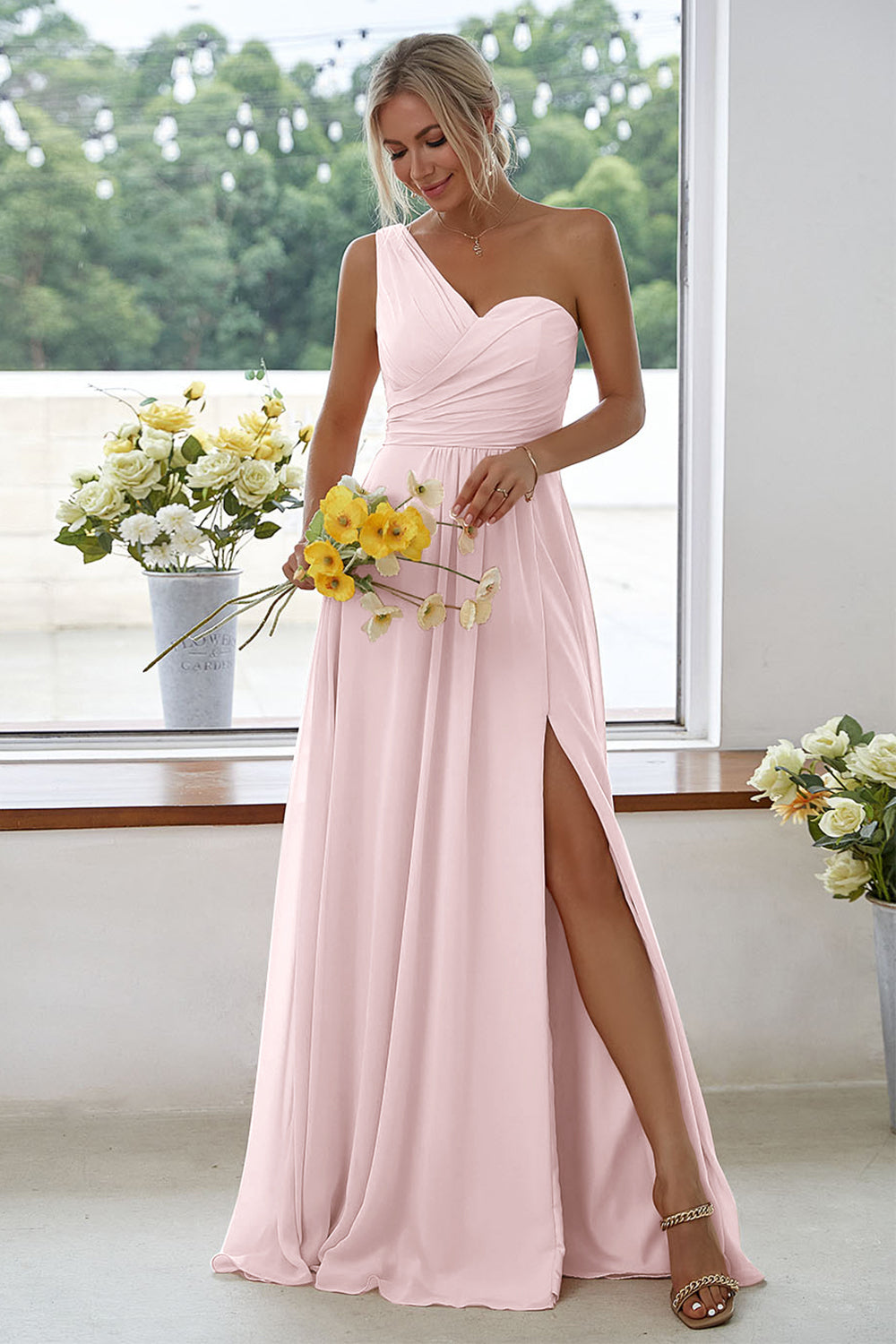 ILYNORA women's blushing pink one-shoulder chiffon maxi dress, side slit