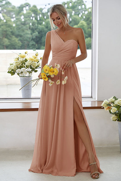 ILYNORA women's champagne rose one-shoulder chiffon maxi dress, side slit