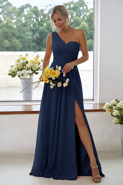 ILYNORA women's dark navy one-shoulder chiffon maxi dress with side slit