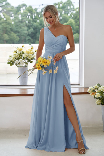 ILYNORA women's dusty blue one-shoulder chiffon maxi dress with side slit