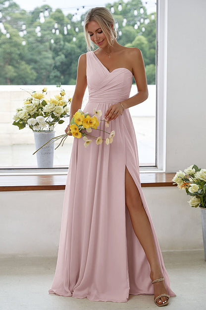 ILYNORA women's dusty rose one-shoulder chiffon maxi dress with side slit