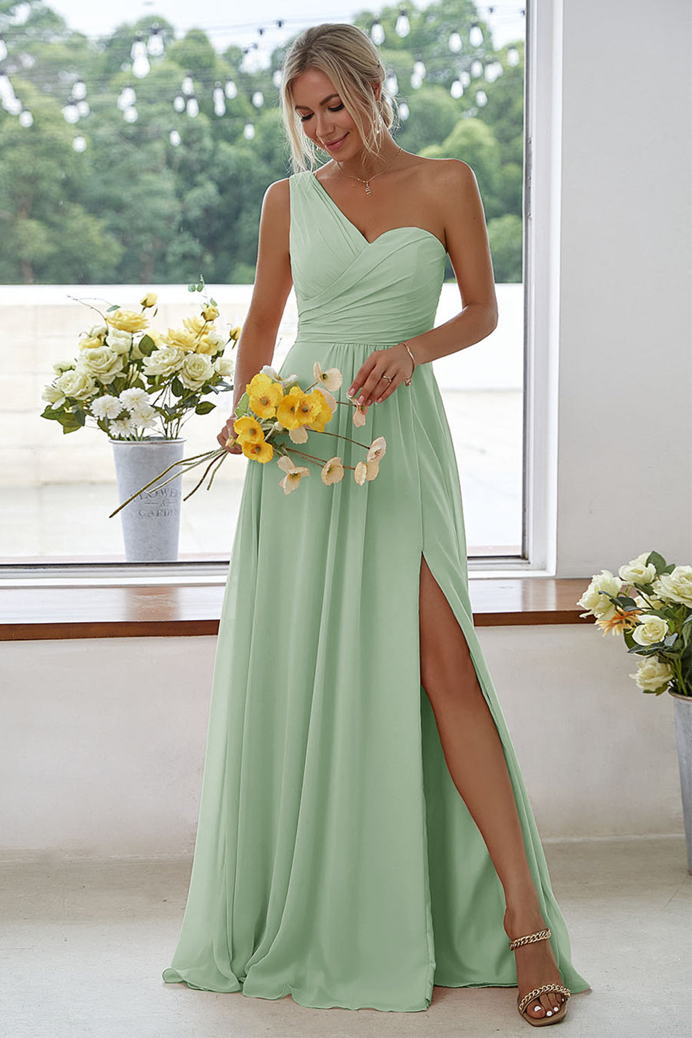 ILYNORA women's dusty sage one-shoulder chiffon maxi dress with side slit