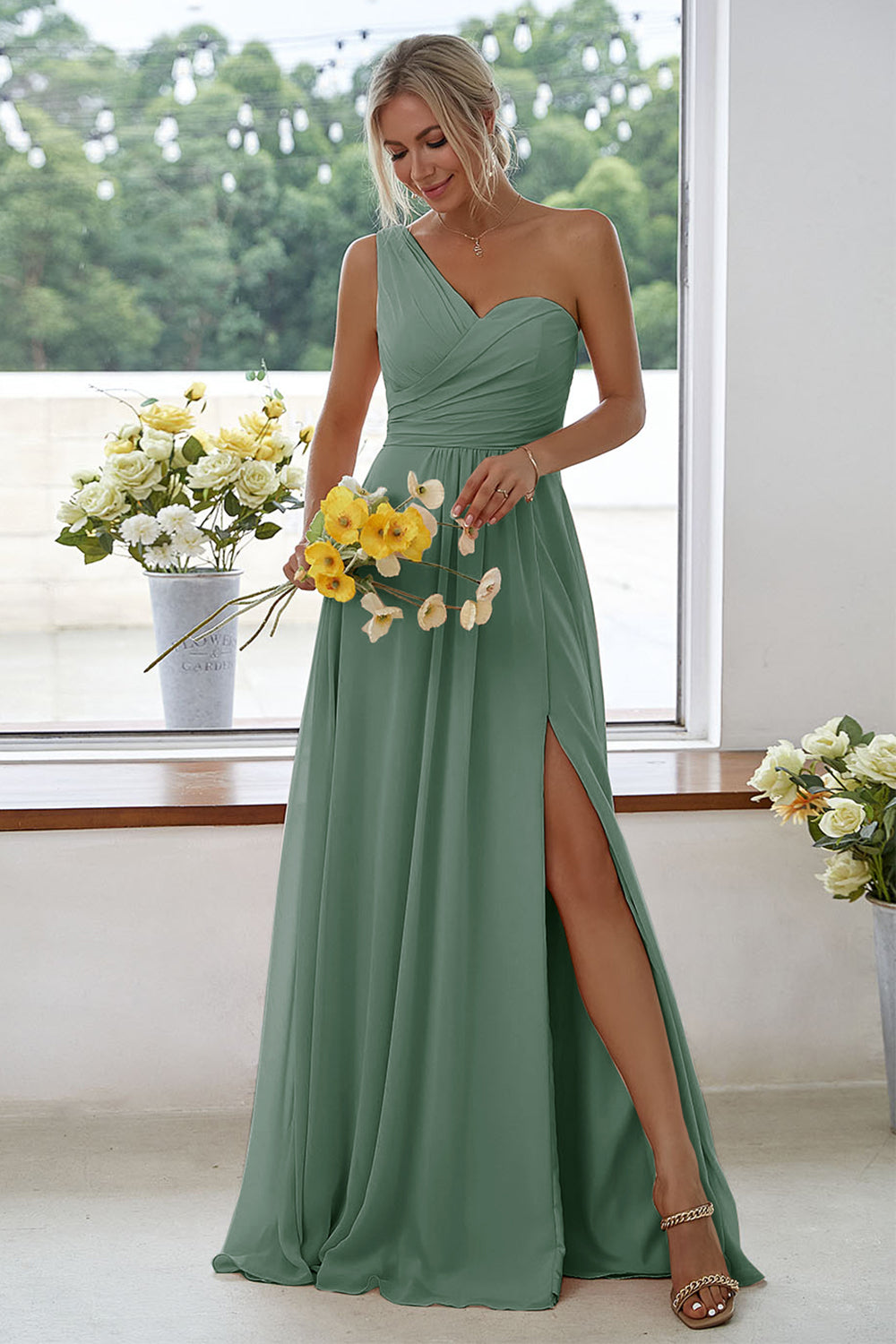 ILYNORA women's eucalyptus one-shoulder chiffon maxi dress with side slit
