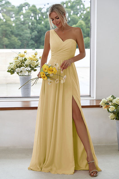 ILYNORA women's gold one-shoulder chiffon maxi dress with side slit