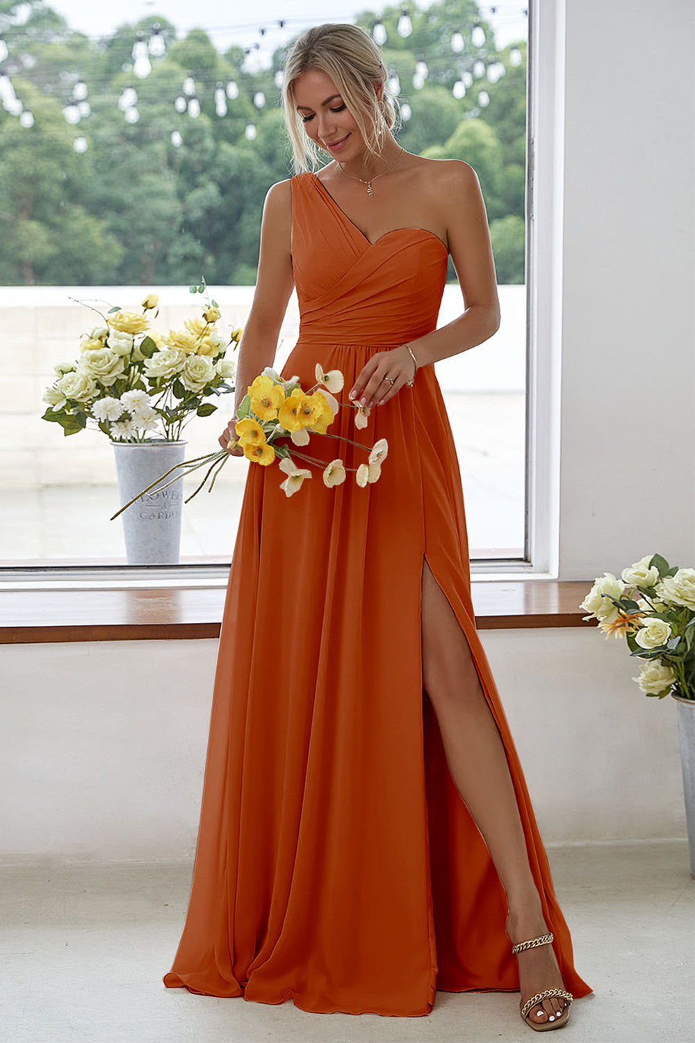 ILYNORA women's paprika one-shoulder chiffon maxi dress with side slit
