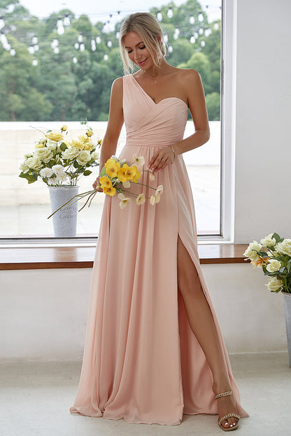 ILYNORA women's peach one-shoulder chiffon maxi dress, angled view