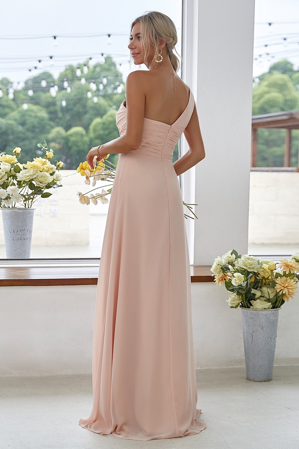 ILYNORA women's peach one-shoulder chiffon maxi dress, side view